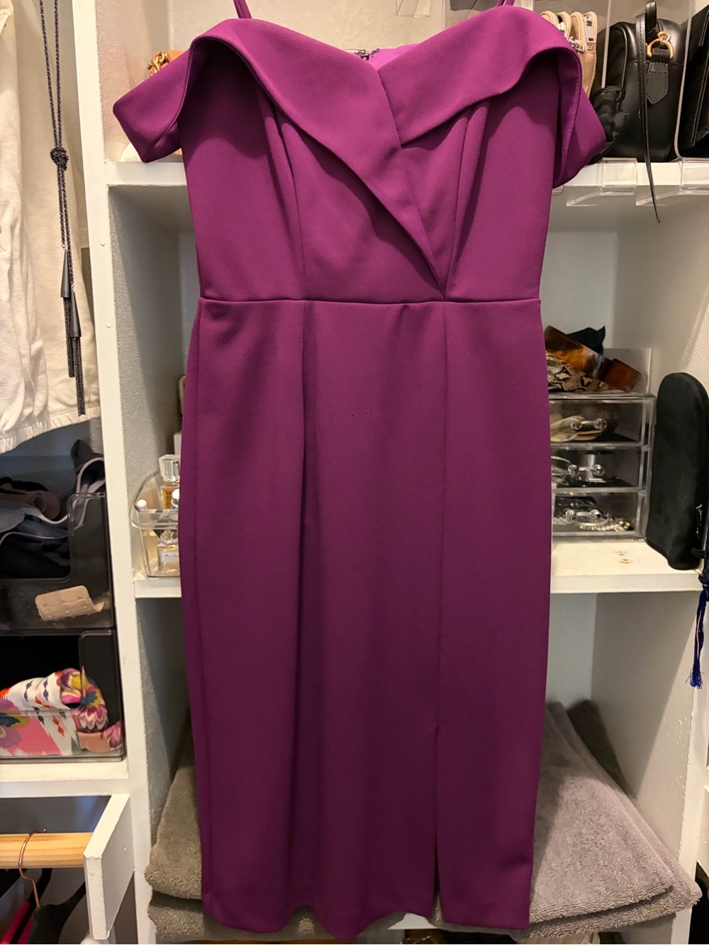 bebe Off-Shoulder Midi Dress in Deep Magenta